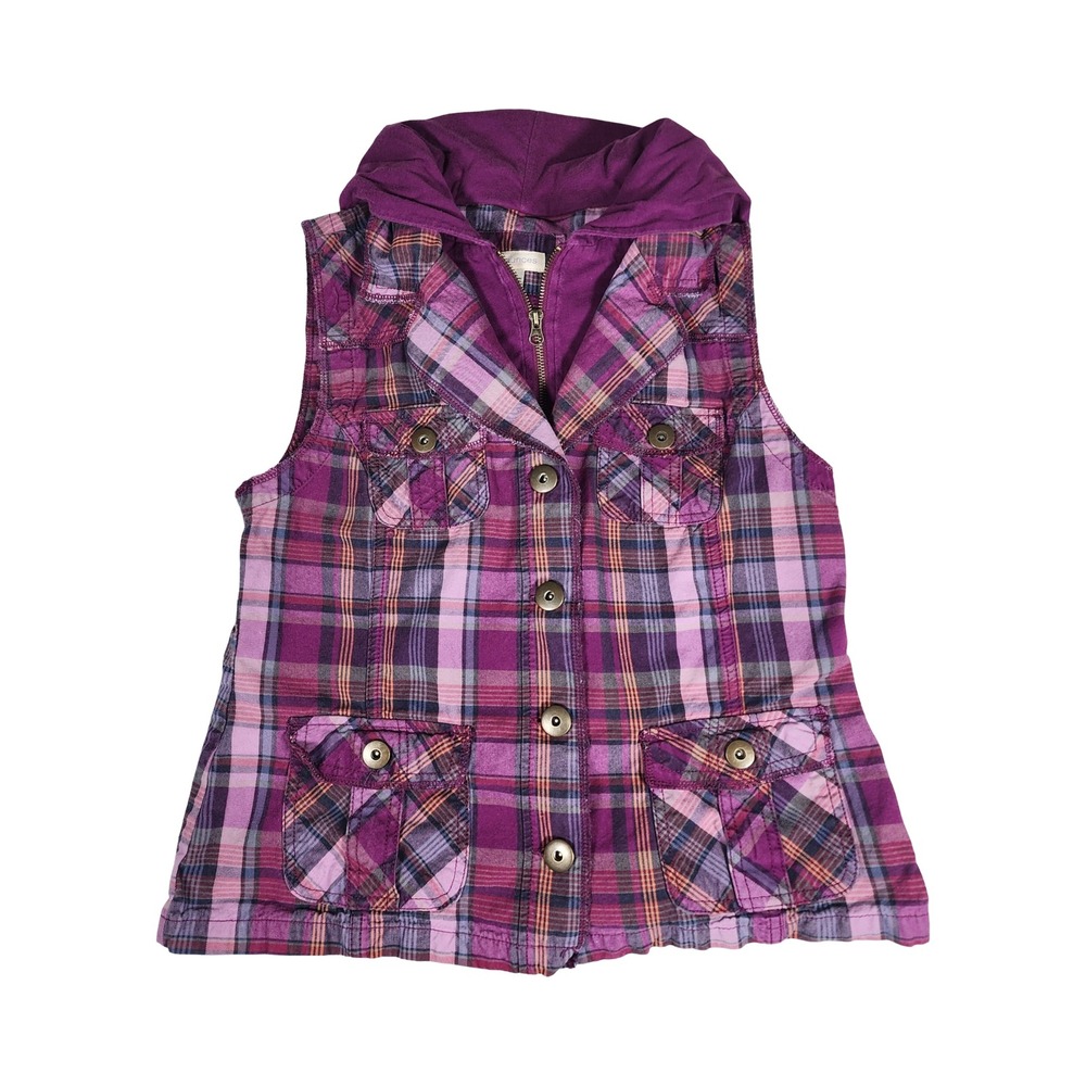 Maurices Purple Plaid Hooded Vest Womens Large Cotton‎ Layered Zip Front Button